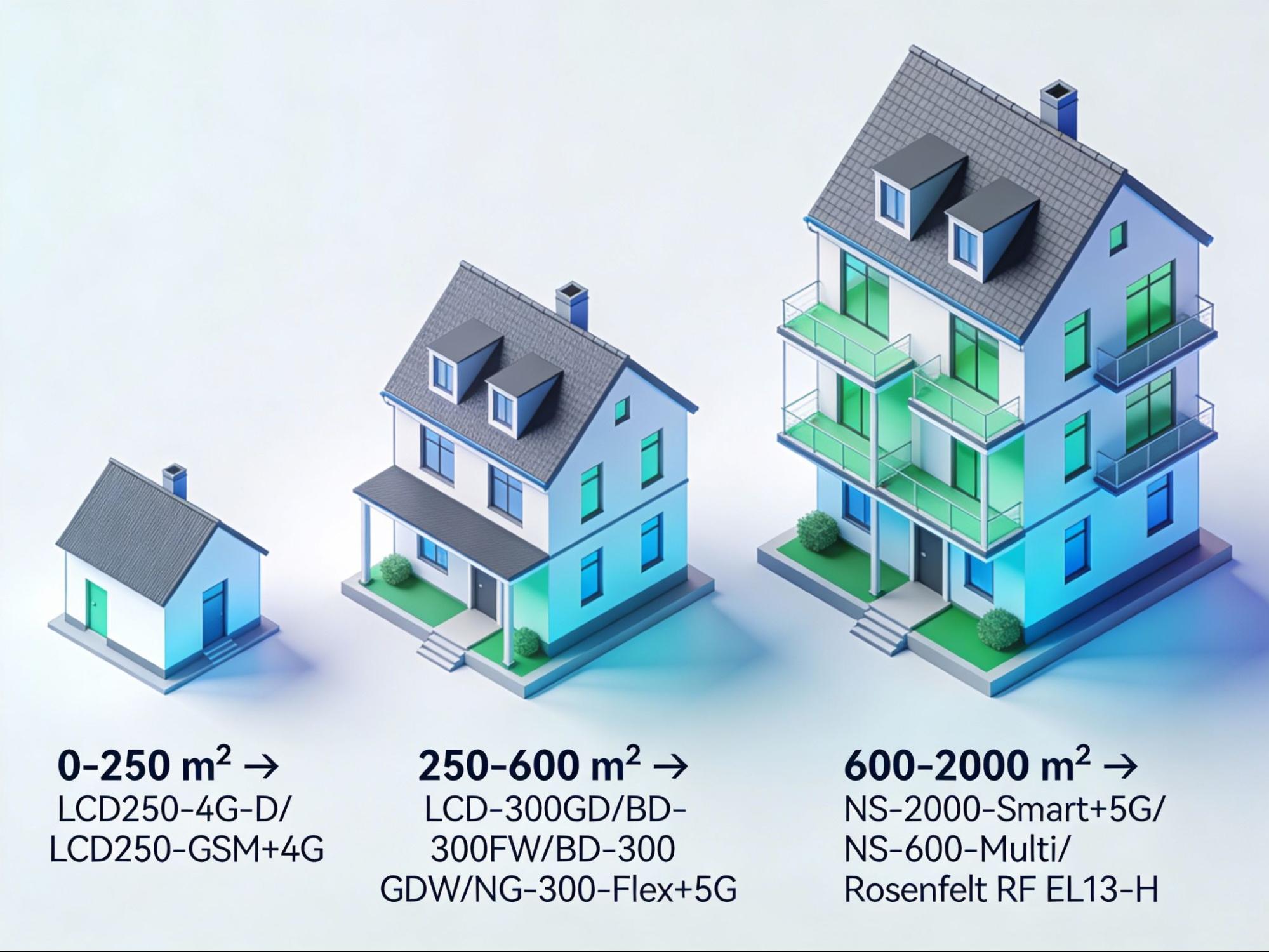 Zones de couverture typiques des amplificateurs de signal mobile Illustration des surfaces couvertes par les principaux amplificateurs de signal mobile, allant de 0 m² jusqu’à 2000 m²